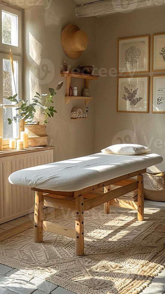 A cozy, sunlit massage room with a wooden table, soft pillows, candles, and nature-themed decor. photo