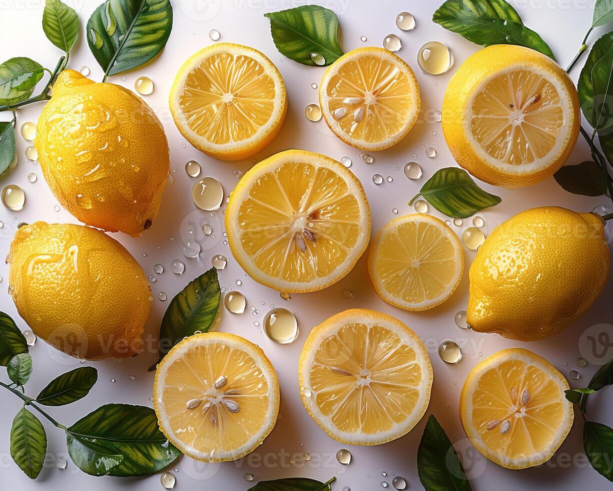 Fresh whole lemons and lemon slices with green leaves and water droplets on a white background, perfect for citrus-themed designs and recipes. photo