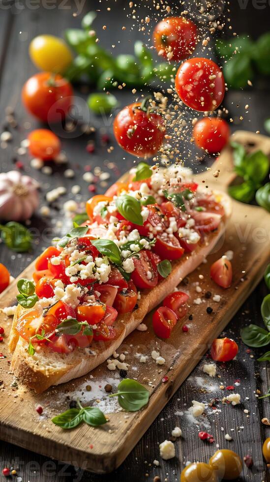Fresh bruschetta with tomatoes, basil, and crumbled cheese on a wooden board, garnished with scattered vegetables and herbs. photo