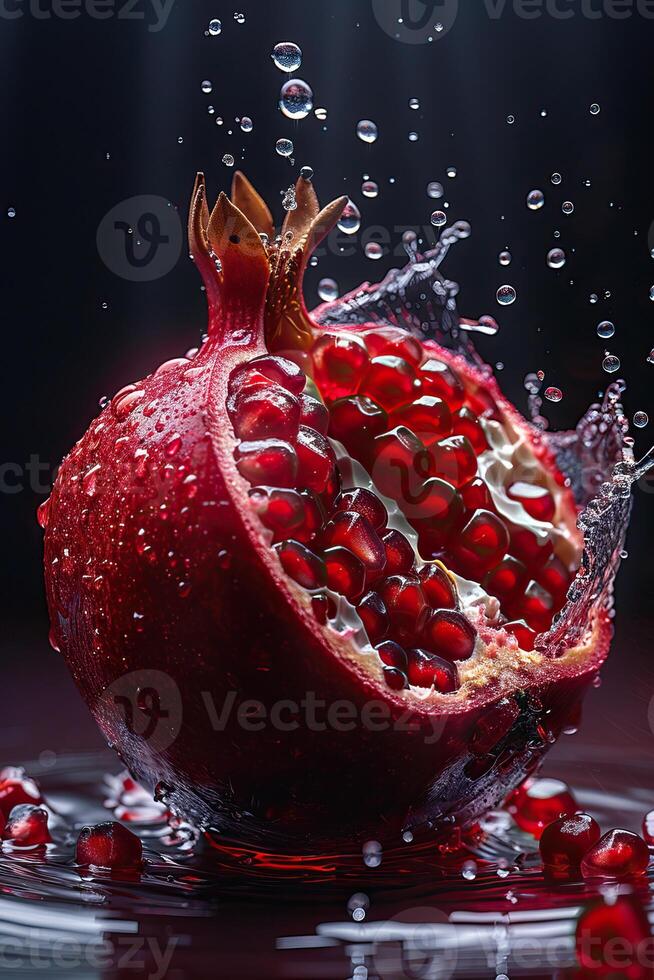 Fresh, juicy pomegranate splashing in water. Vivid red fruit capturing the essence of hydration and vitality in a refreshing burst. photo