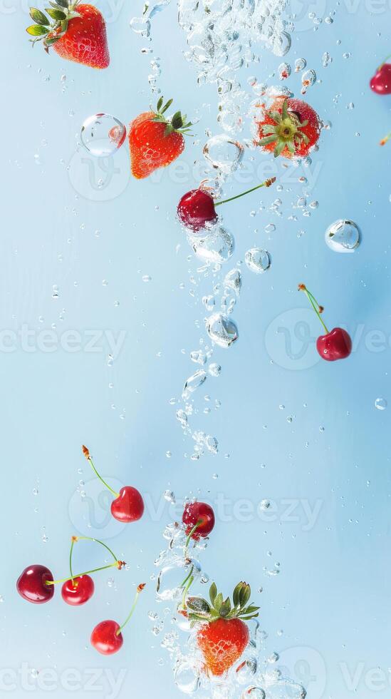 Fresh strawberries and cherries falling in clear water with bubbles on a light blue background, creating a refreshing and vibrant scene. photo