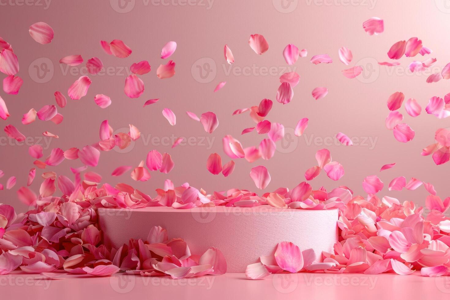 A stunning display of pink rose petals rising and falling around a round platform, creating a romantic and ethereal ambiance. photo