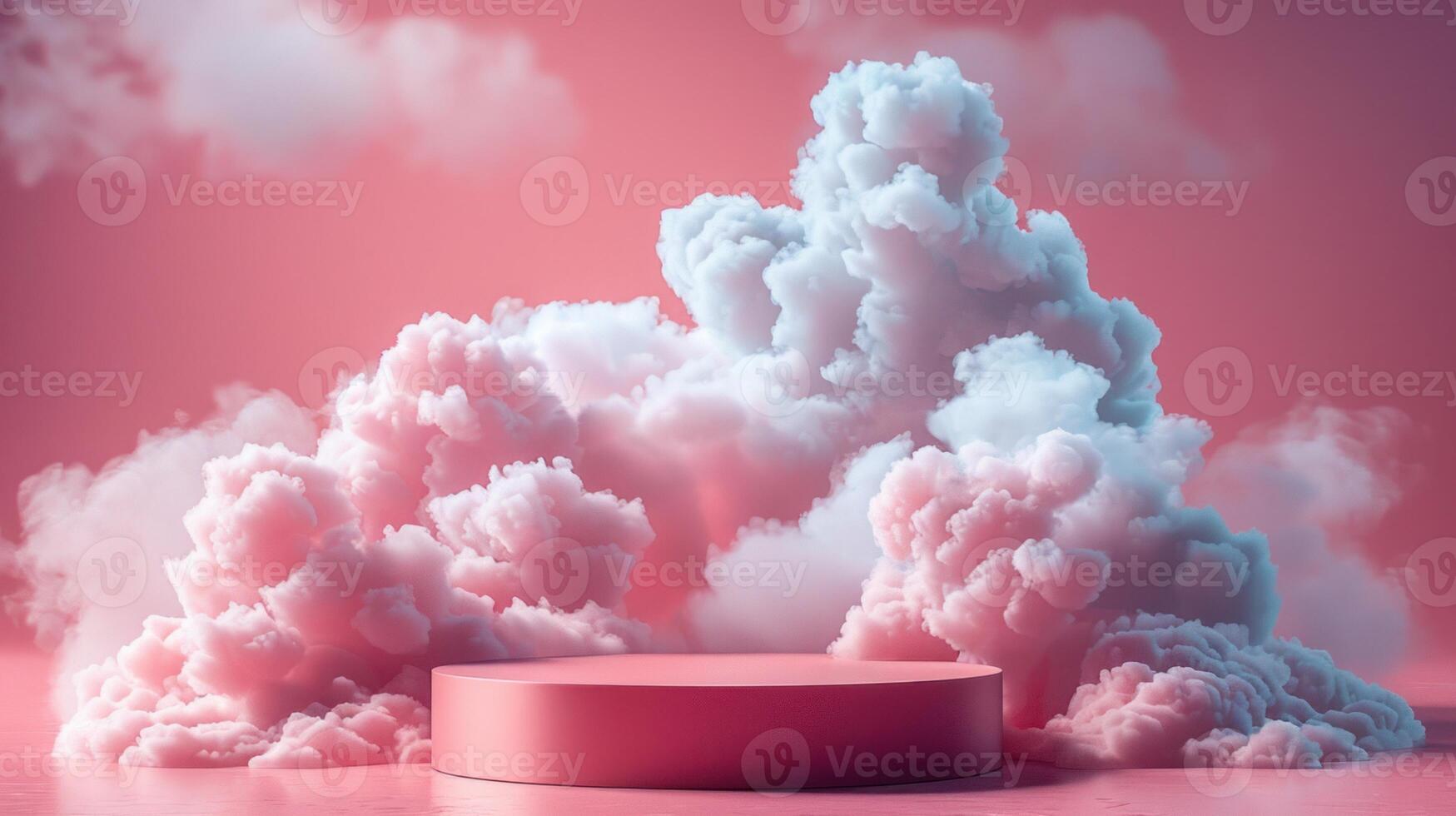 Abstract 3D podium surrounded by fluffy clouds against a pink background, perfect for product display or presentation. photo