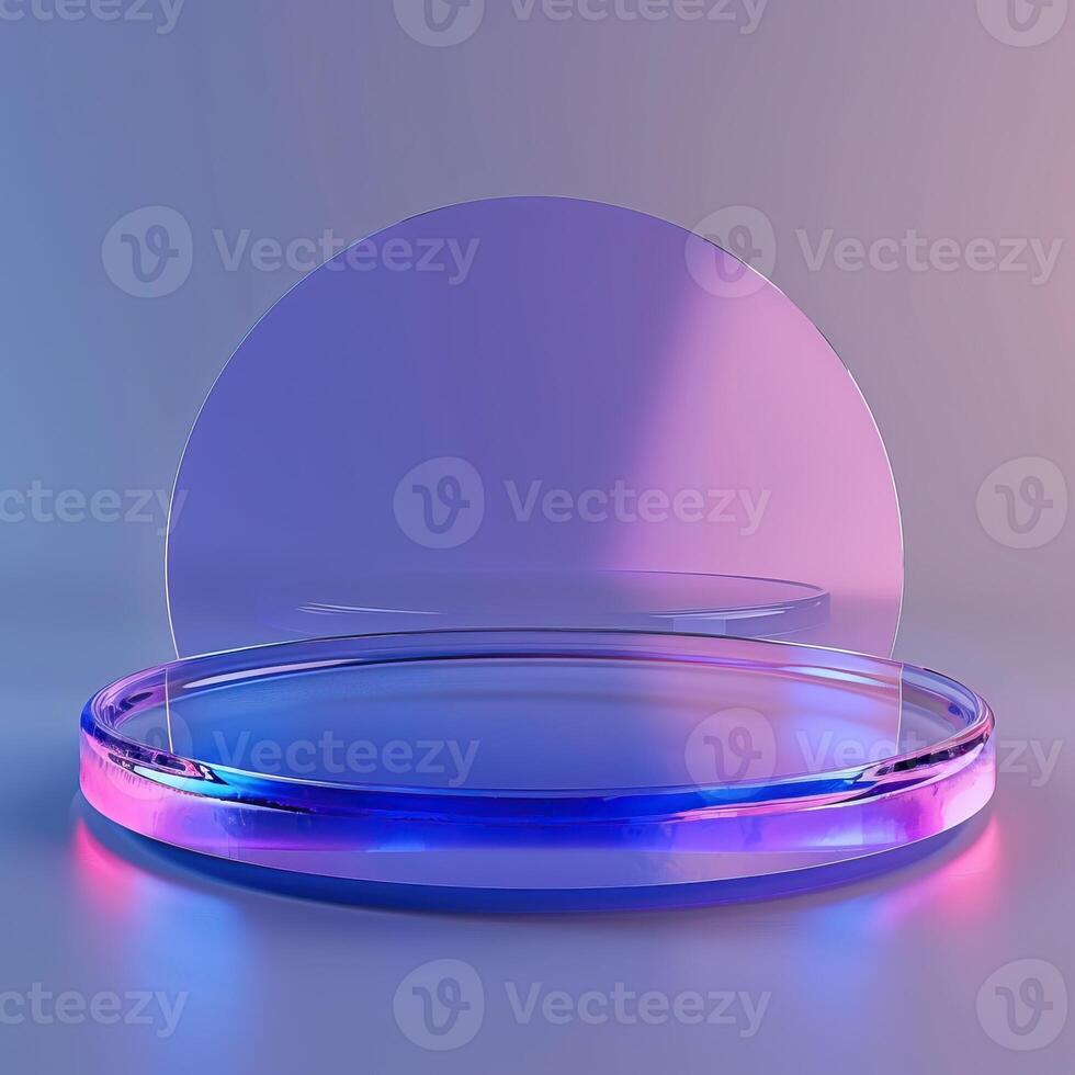 Futuristic neon-lit stage with reflective surfaces, perfect for showcasing products in a modern and sleek design. photo