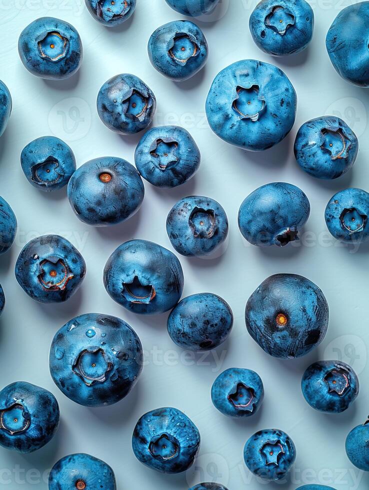 Fresh blueberries scattered on a white surface, showcasing their rich blue color and nutritious appeal, perfect for healthy eating concepts. photo