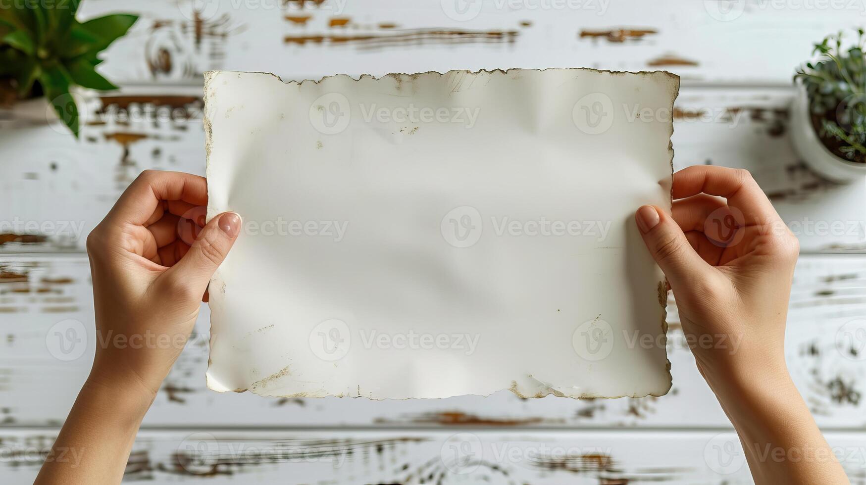 Hands holding blank white vintage paper on rustic wooden background, suitable for art, design, or copy space concepts. photo