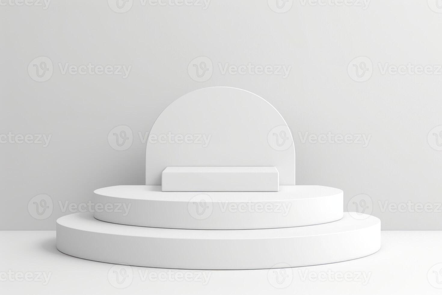 Minimalistic white podium and backdrop on a plain background. Perfect for product display, presentations, or minimalist design themes. photo