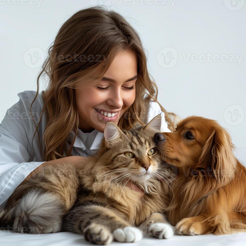 Smiling woman lovingly playing with her cat and dog on a white bed, showcasing bonding and affection between pets and their owner. photo