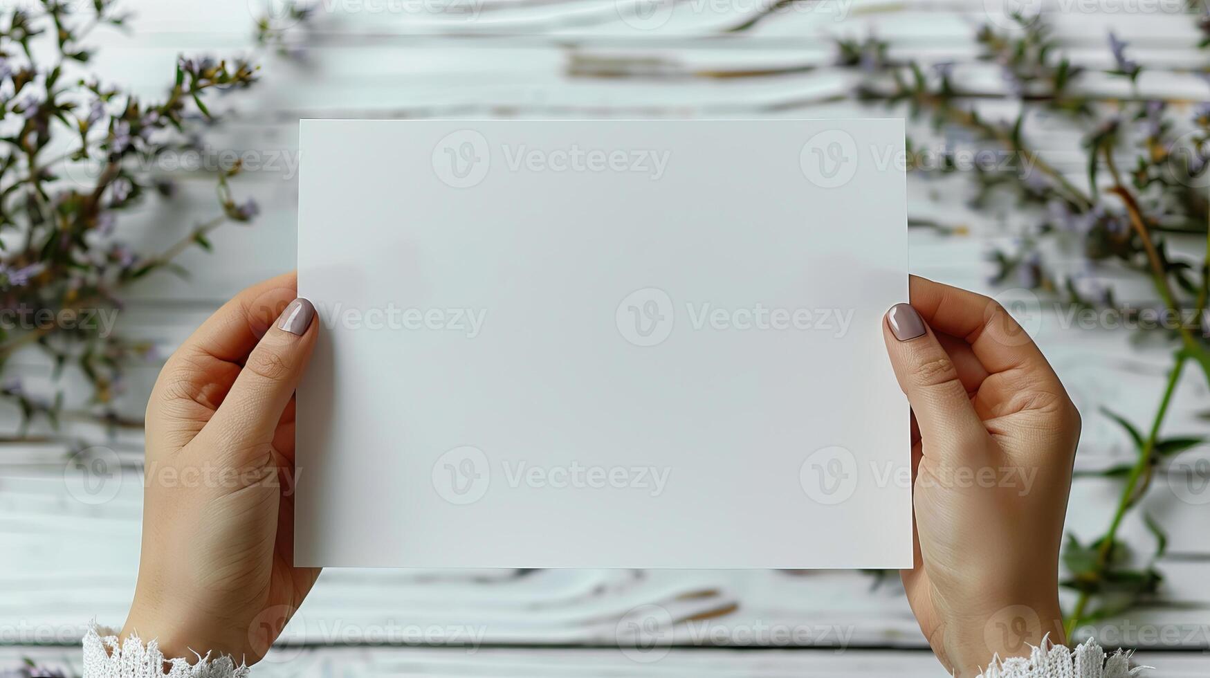 Woman holding blank white card on rustic wooden table with floral decorations, ready for your custom message or design. photo