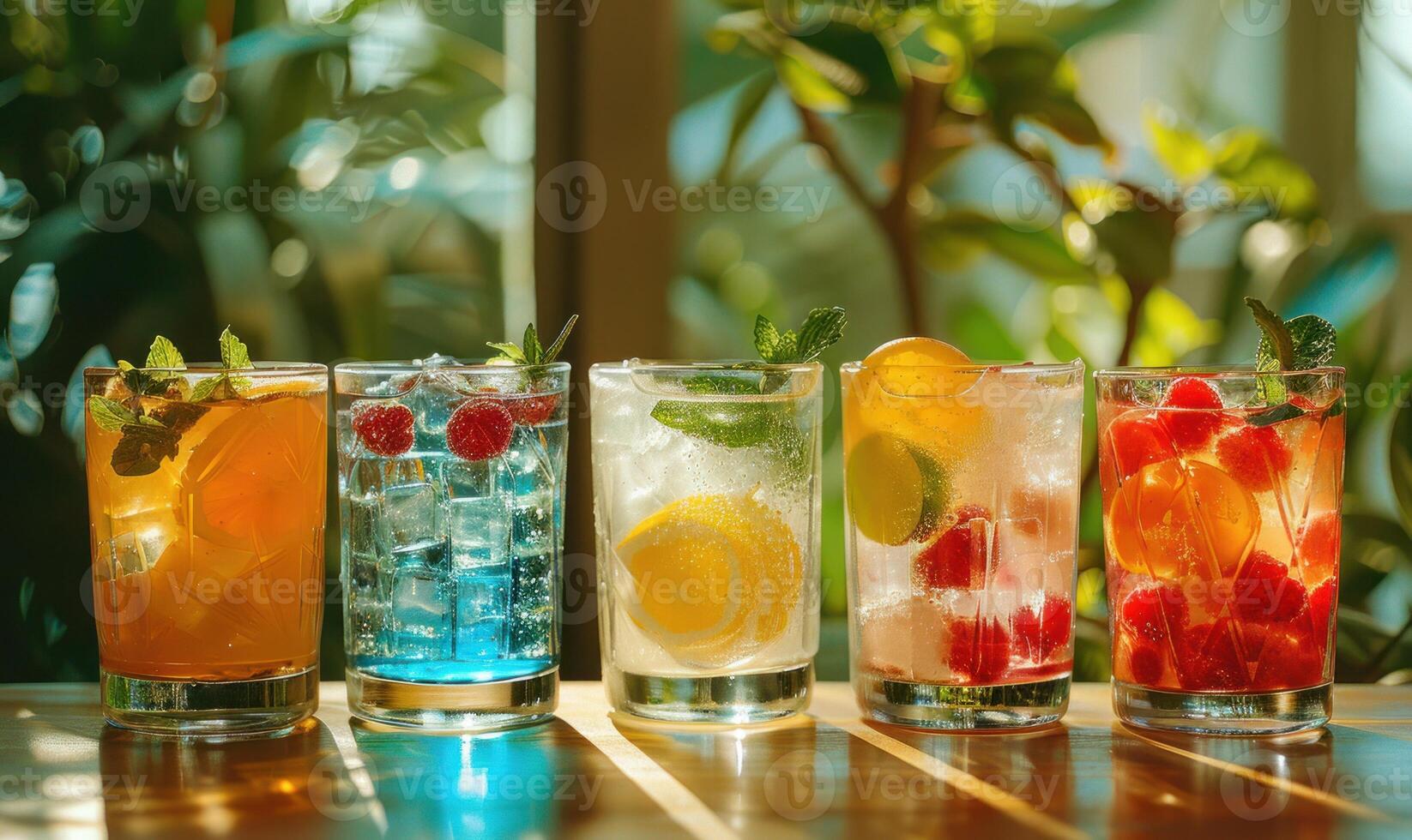 Colorful refreshing cocktails with fruit and mint on a sunny day, perfect for summer parties and relaxation in a beautiful garden setting. photo