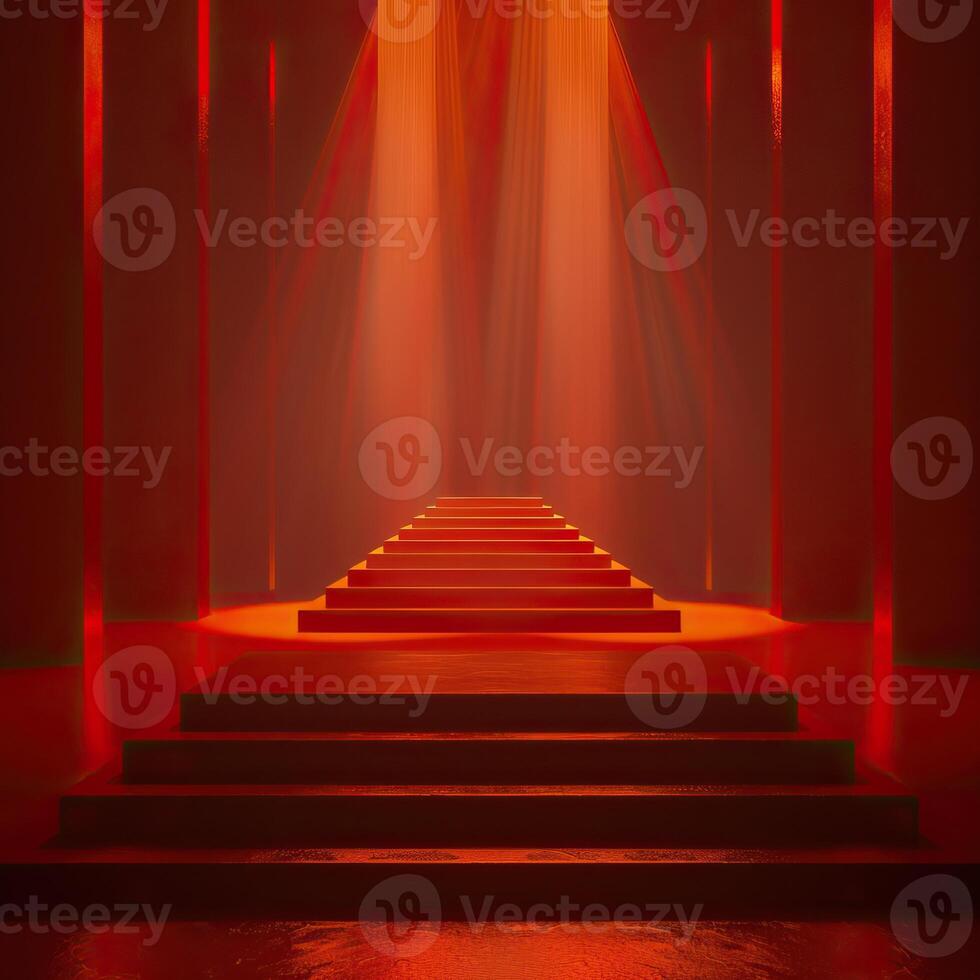 Mysterious red-lit stairway leading to a glowing platform, ethereal ambiance, abstract architectural design, dramatic lighting effect. photo