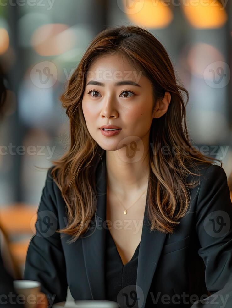 Professional woman in a business meeting wearing a blazer in a modern office environment with soft lighting. photo