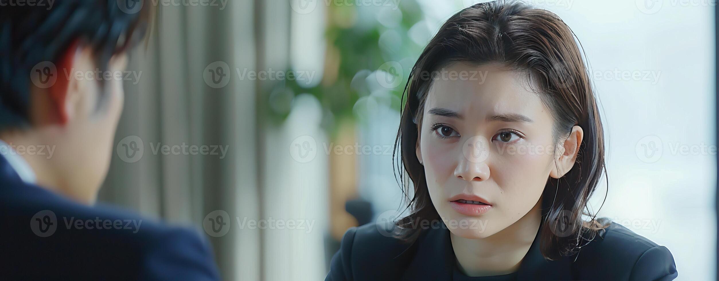 A woman intently listens to a man during a serious conversation in a modern office setting, portraying a scene of business and communication. photo