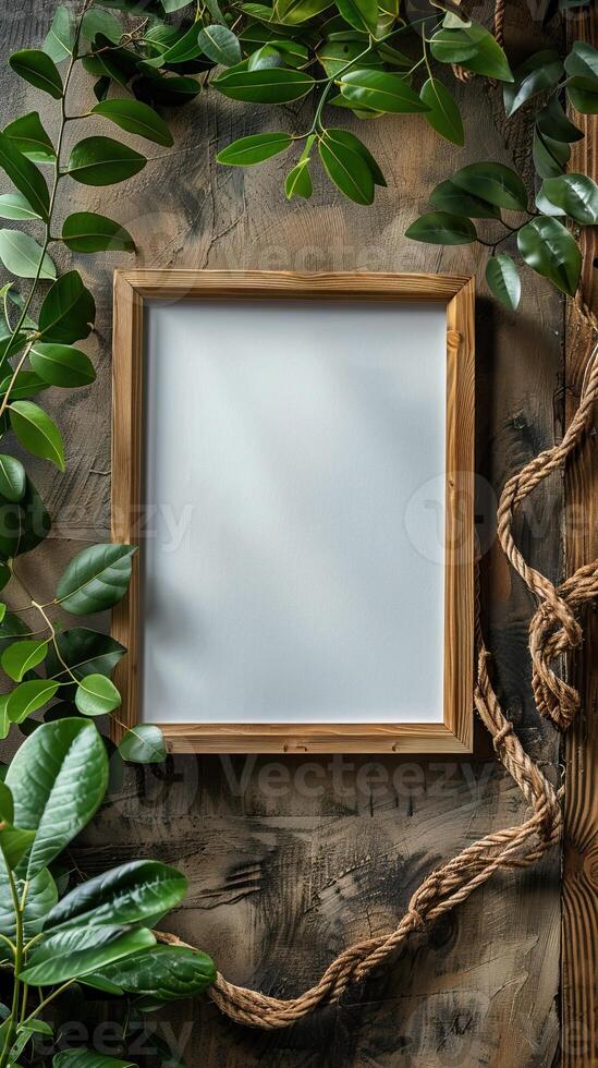 Vertical wooden picture frame surrounded by lush green foliage and rustic rope on a wooden textured background. photo