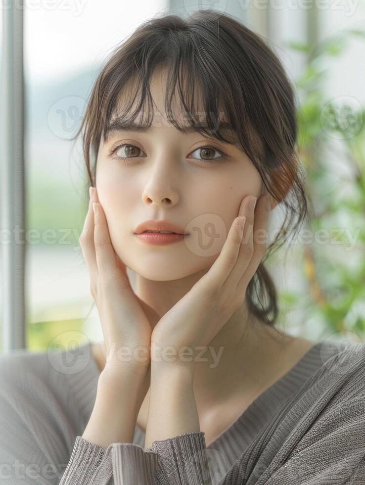 A serene woman with soft features gently touching her face, with a blurred natural background, expressing calm and beauty. photo