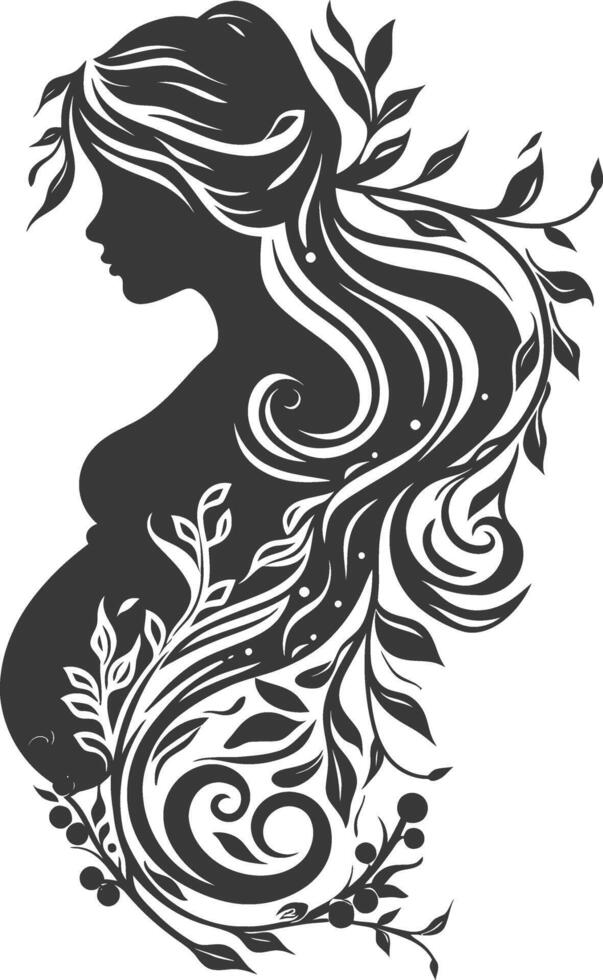 Ornate Silhouette of Pregnant Woman with Flowing Hair and Floral Elements vector