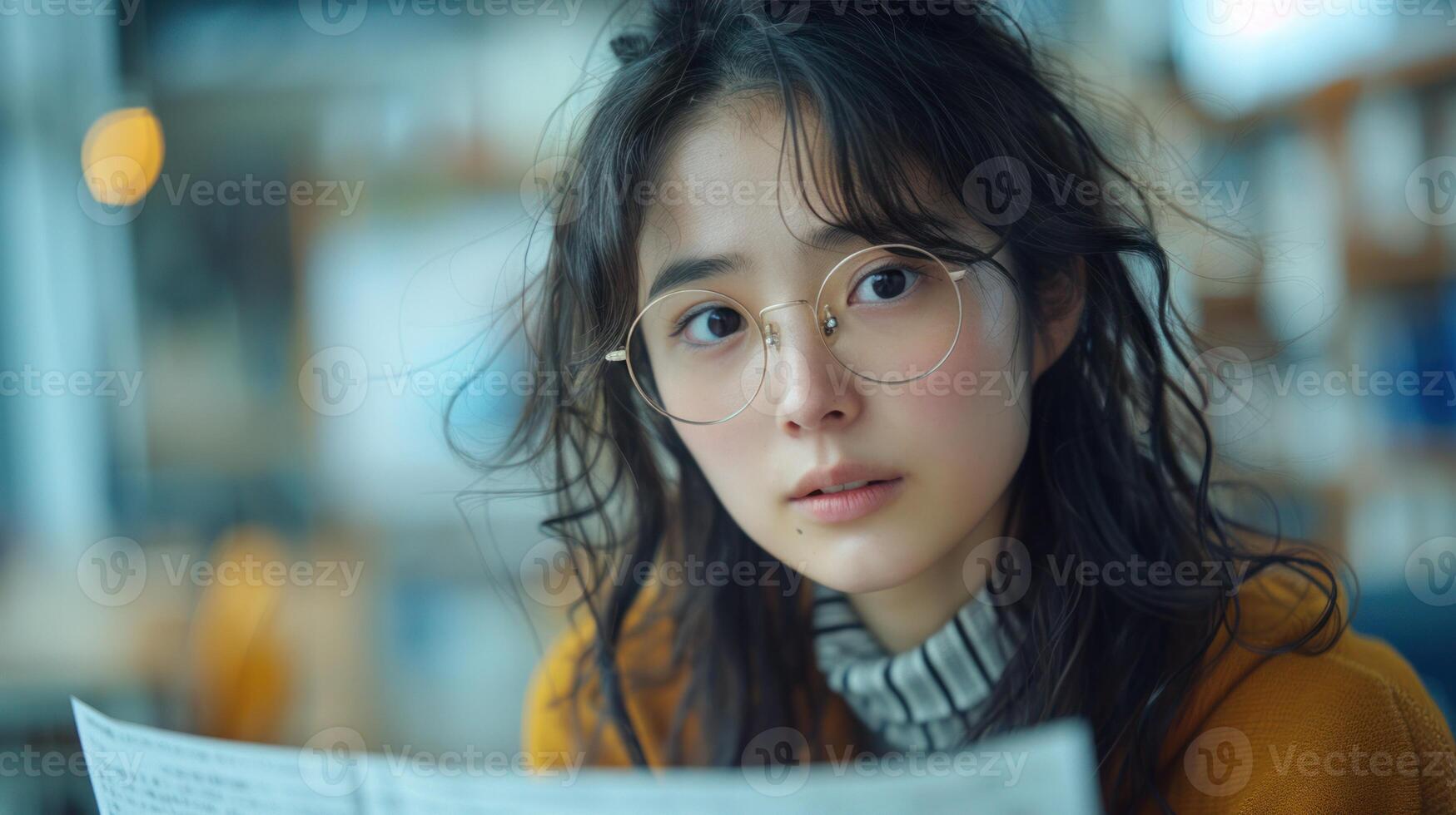 Young woman with glasses reading a newspaper in a cozy indoor setting, expressing curiosity and focus, wearing casual attire. photo
