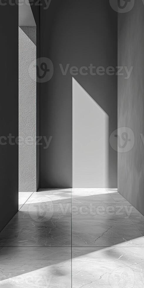 Abstract architectural image of a minimalist hallway with geometric shapes and natural light casting shadows on the floor. photo