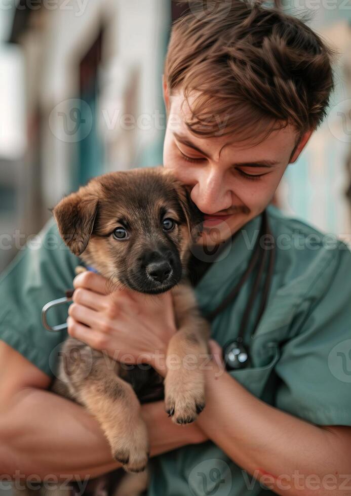 A smiling man in a green uniform holding a cute puppy, showcasing a heartwarming bond between human and pet. photo