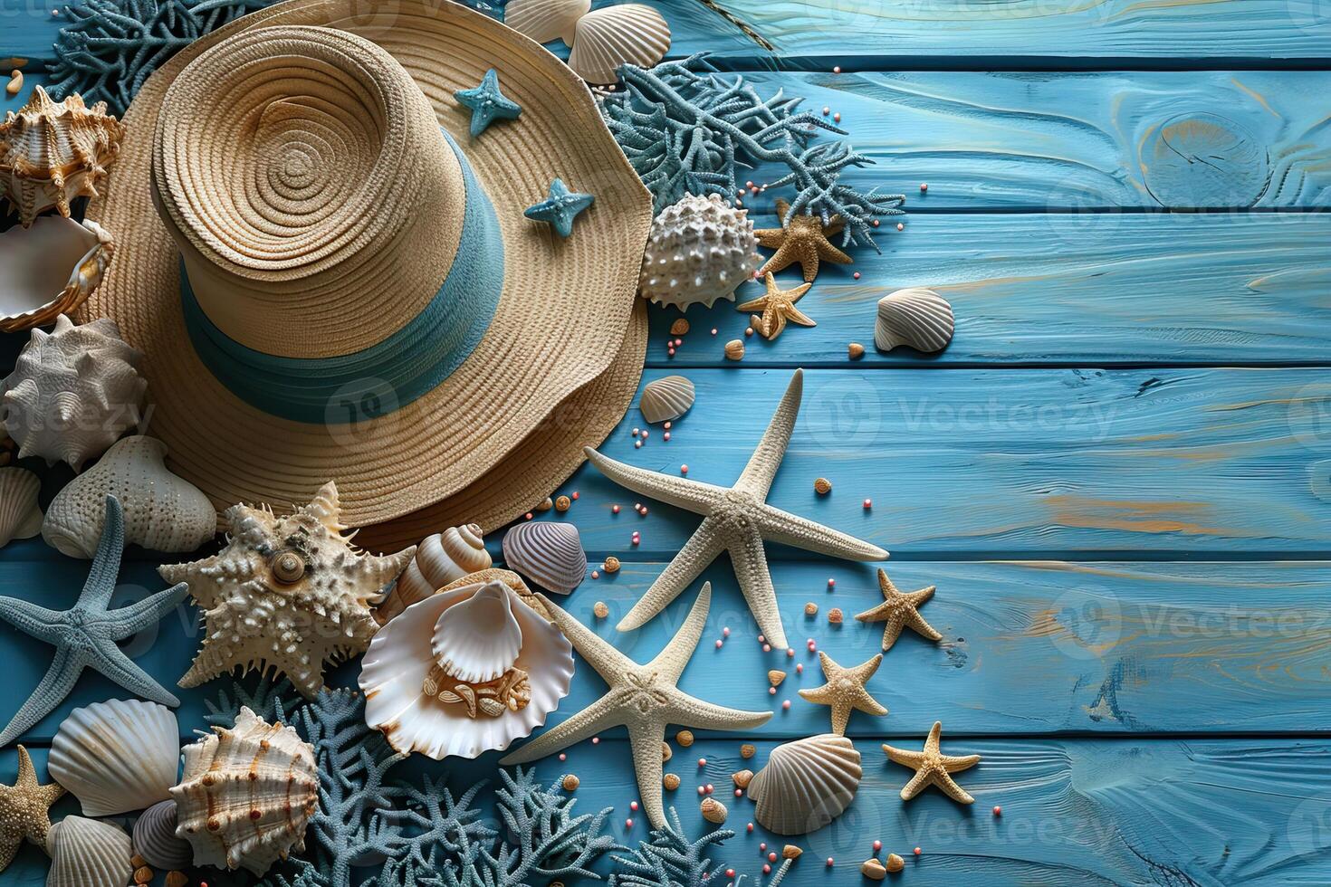 Beach-themed flat lay with straw hat, starfish, seashells, and coral on a blue wooden background, evoking summer vacation vibes. photo