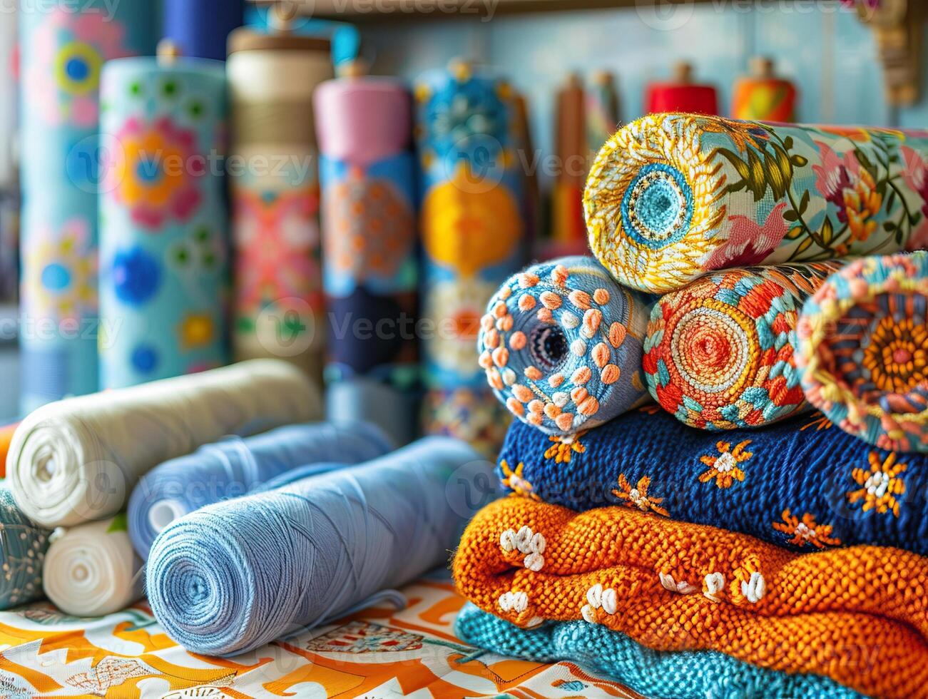 Colorful rolls of fabric and textiles with intricate patterns displayed on a shop counter, ideal for crafting and sewing projects. photo
