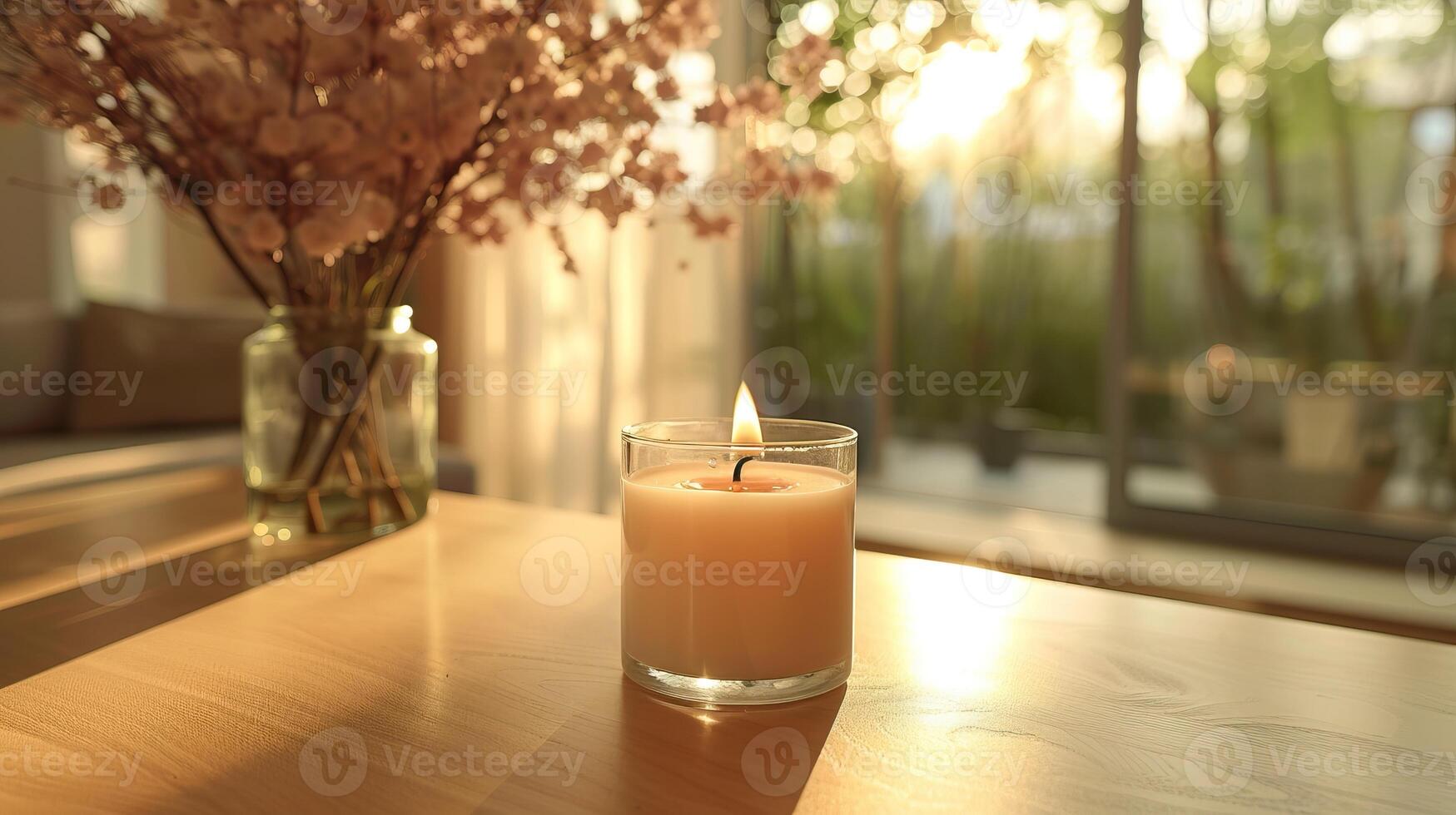 A lit candle on a wooden table in a cozy, sunlit room with a vase of cherry blossoms creating a peaceful and relaxing atmosphere. photo