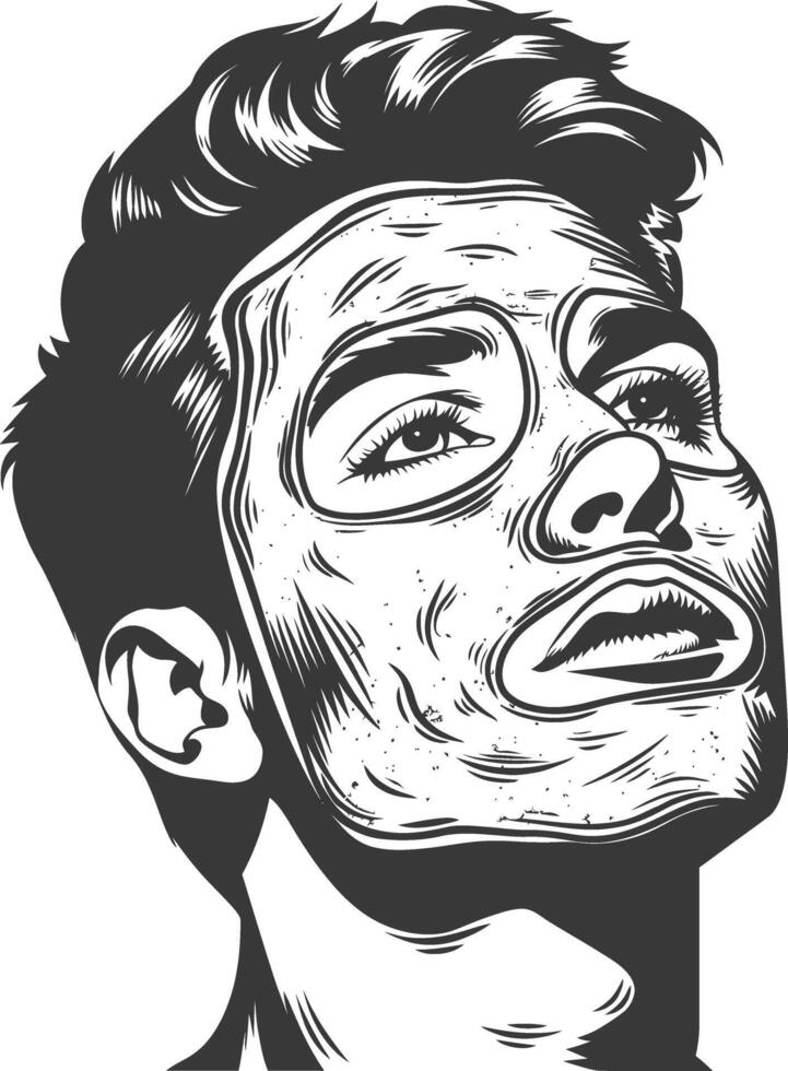 Pensive man with a facial mask looking up vector