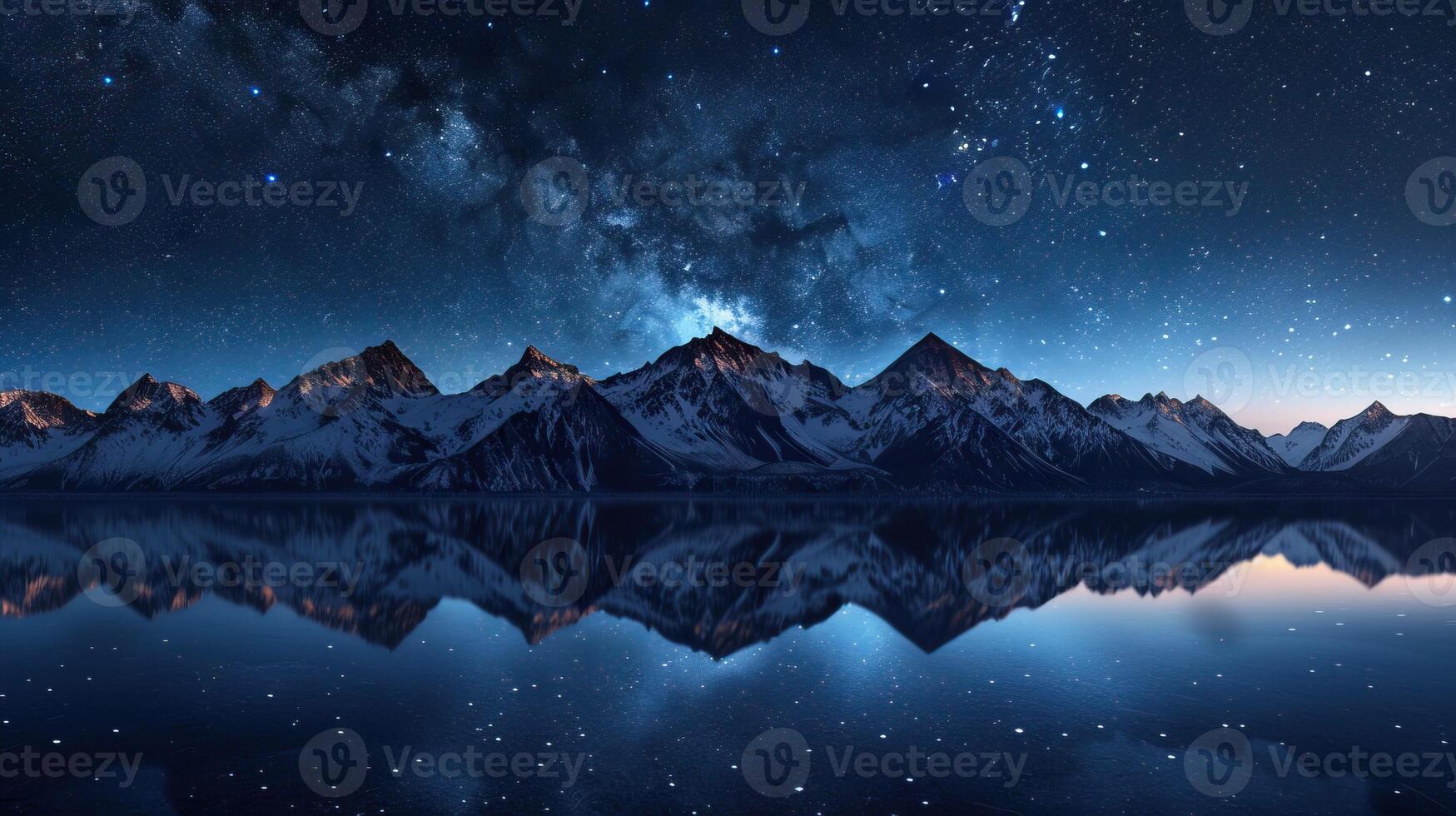 Stunning night sky over majestic mountain range with mirror reflection in the lake, perfect for nature and astrophotography enthusiasts. photo