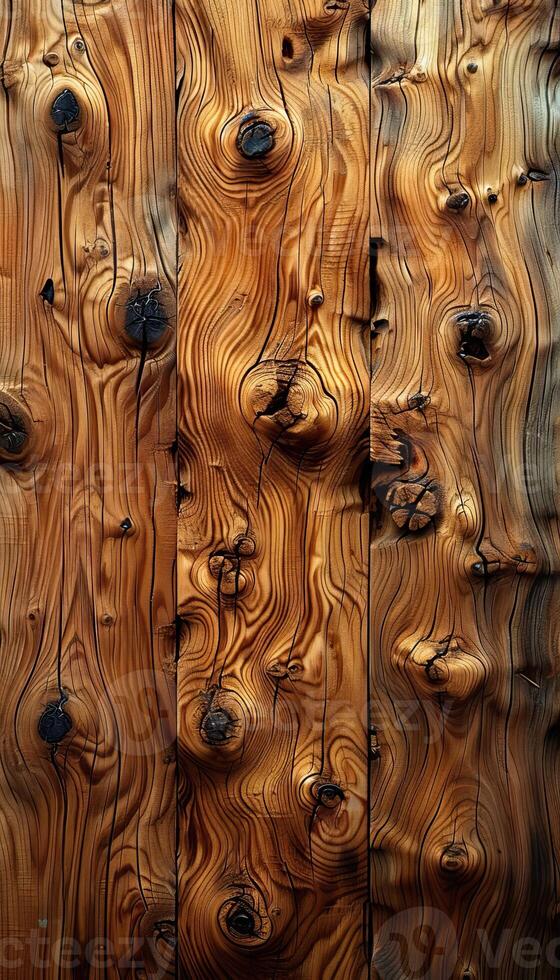 Close-up of aged wooden planks showcasing natural swirl patterns and knots, creating a rustic and textured background. photo
