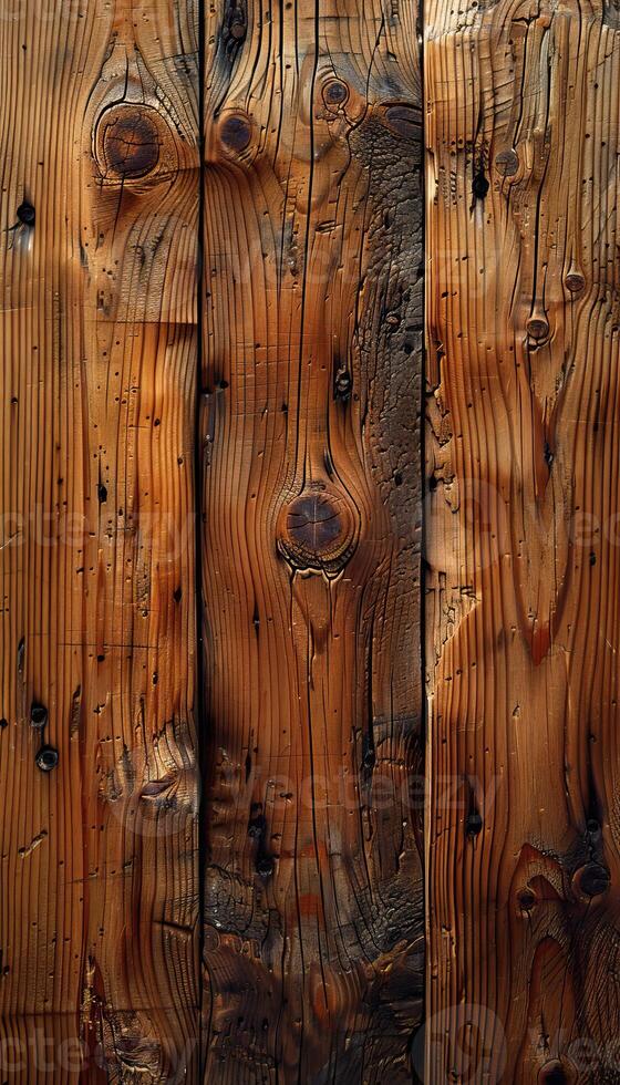 Close-up of a weathered wooden plank with rich textures and wood grain patterns. Ideal for backgrounds, textures, and rustic design elements. photo