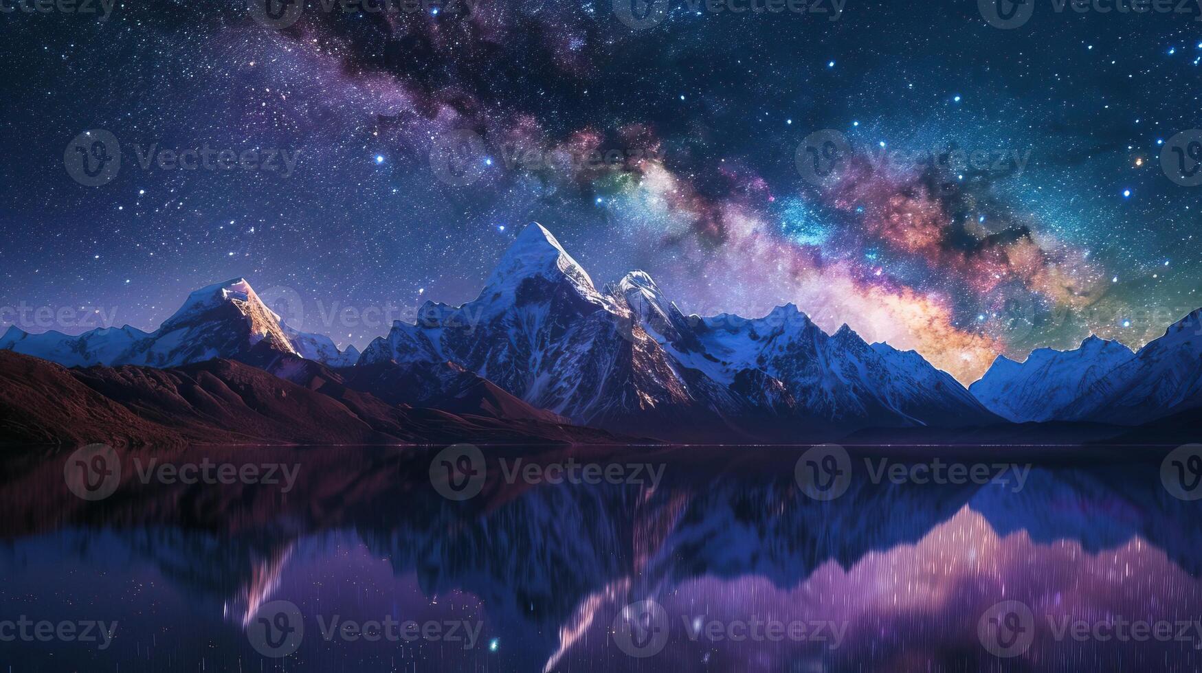 Stunning nightscape with vibrant Milky Way over tranquil mountain lake, reflecting the celestial beauty of a starry sky. photo