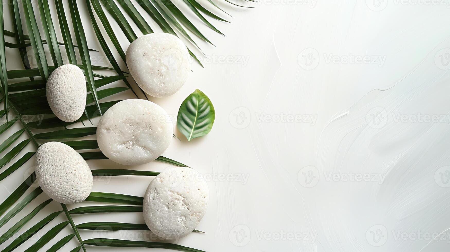 Flat lay composition of smooth white stones and green palm leaves on a white background, creating a tranquil and natural aesthetic. photo
