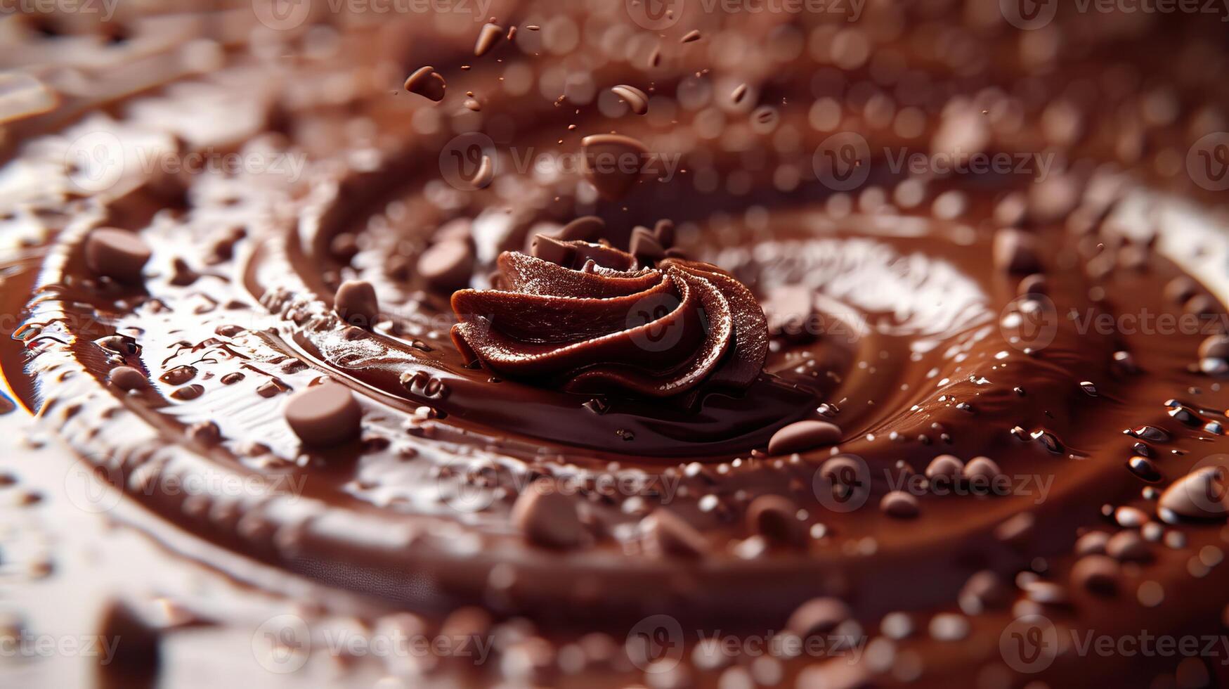 Close-up of rich, melted chocolate with a swirl design and sprinkled chocolate bits. Perfect for dessert, confectionery, and indulgence themes. photo