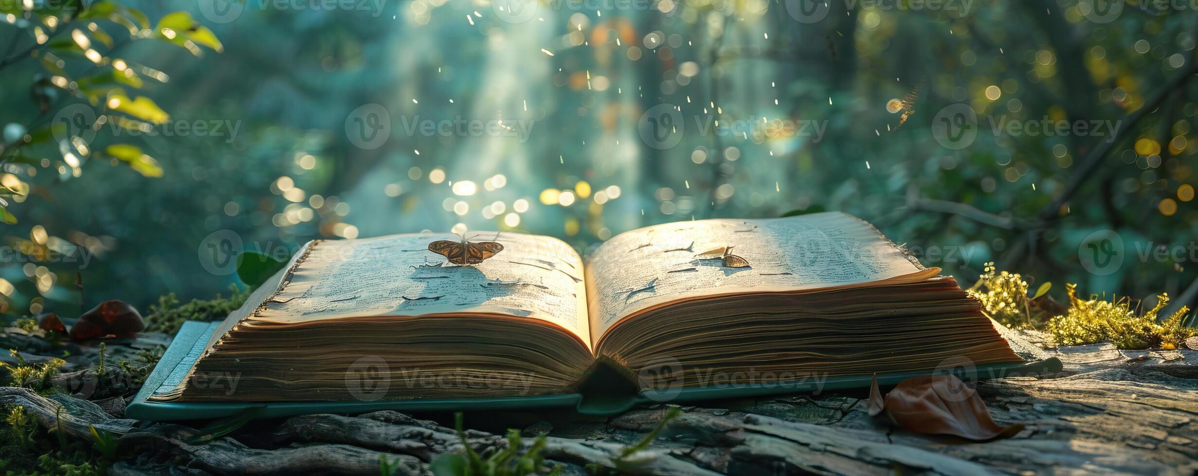A mystical open book in a forest, illuminated by sun rays, capturing the essence of magic and nature's tranquility. photo