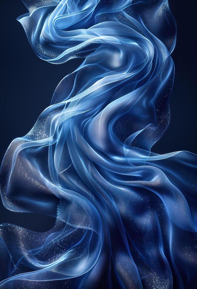 Elegant abstract blue silk waves gracefully flowing against a dark background, creating a dynamic and ethereal visual effect. photo