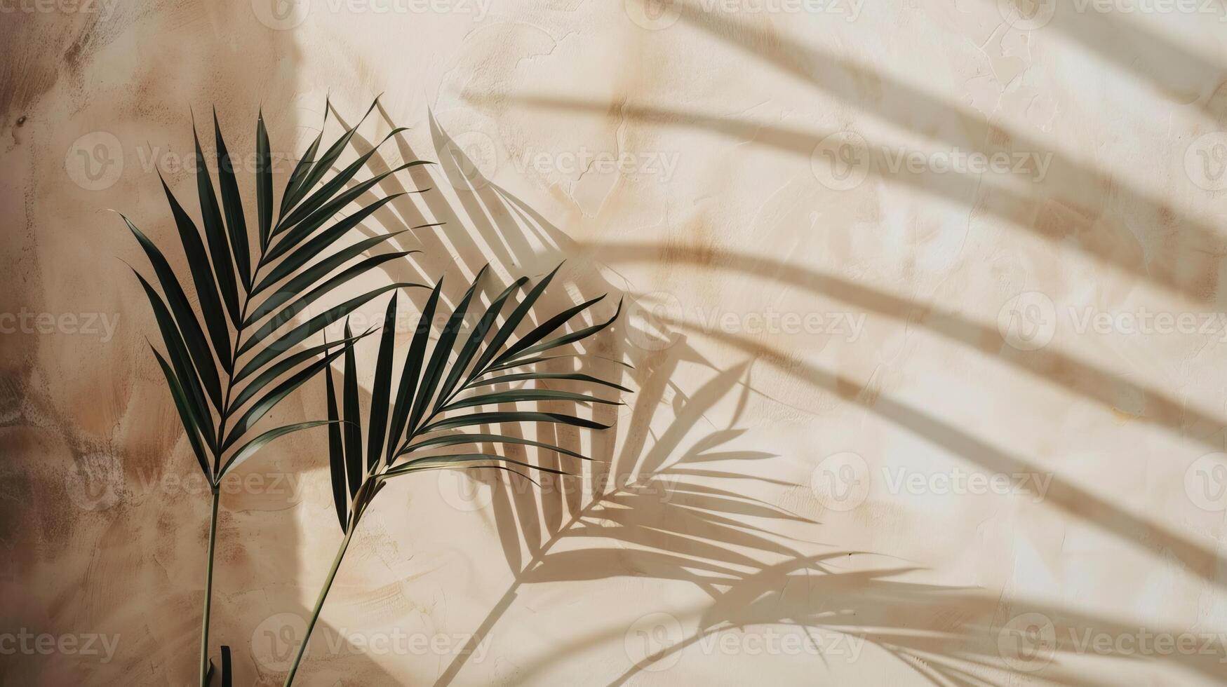Palm leaves casting shadows on a wall, creating a tropical and natural ambiance. Ideal for backgrounds and decor. photo