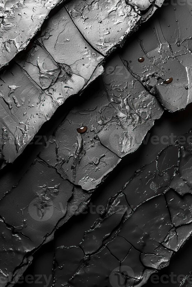Close-up of cracked black charcoal surface with rough textures and patterns, ideal for backgrounds or abstract compositions. photo
