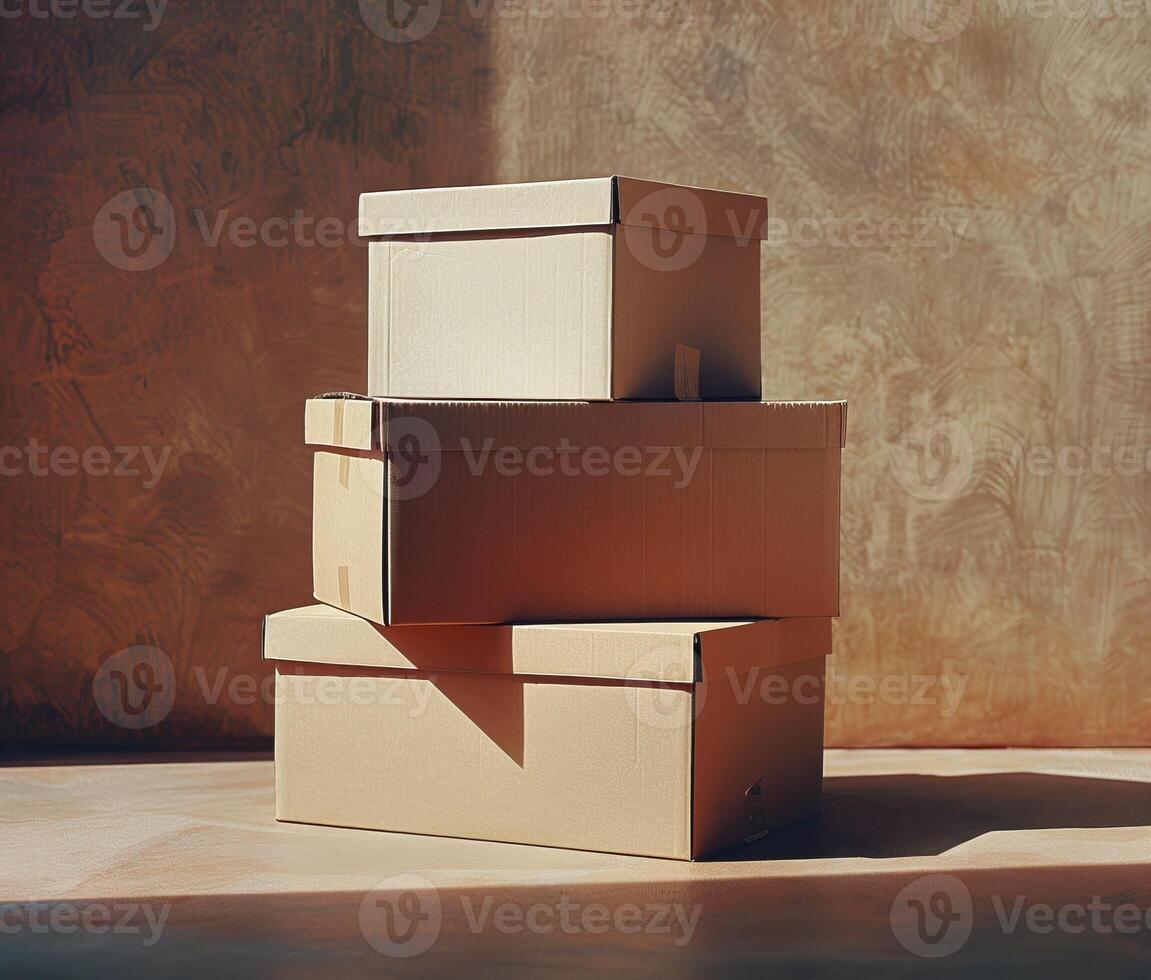 Four stacked cardboard boxes with a rustic background, bathed in warm natural light, ideal for shipping and storage themes. photo