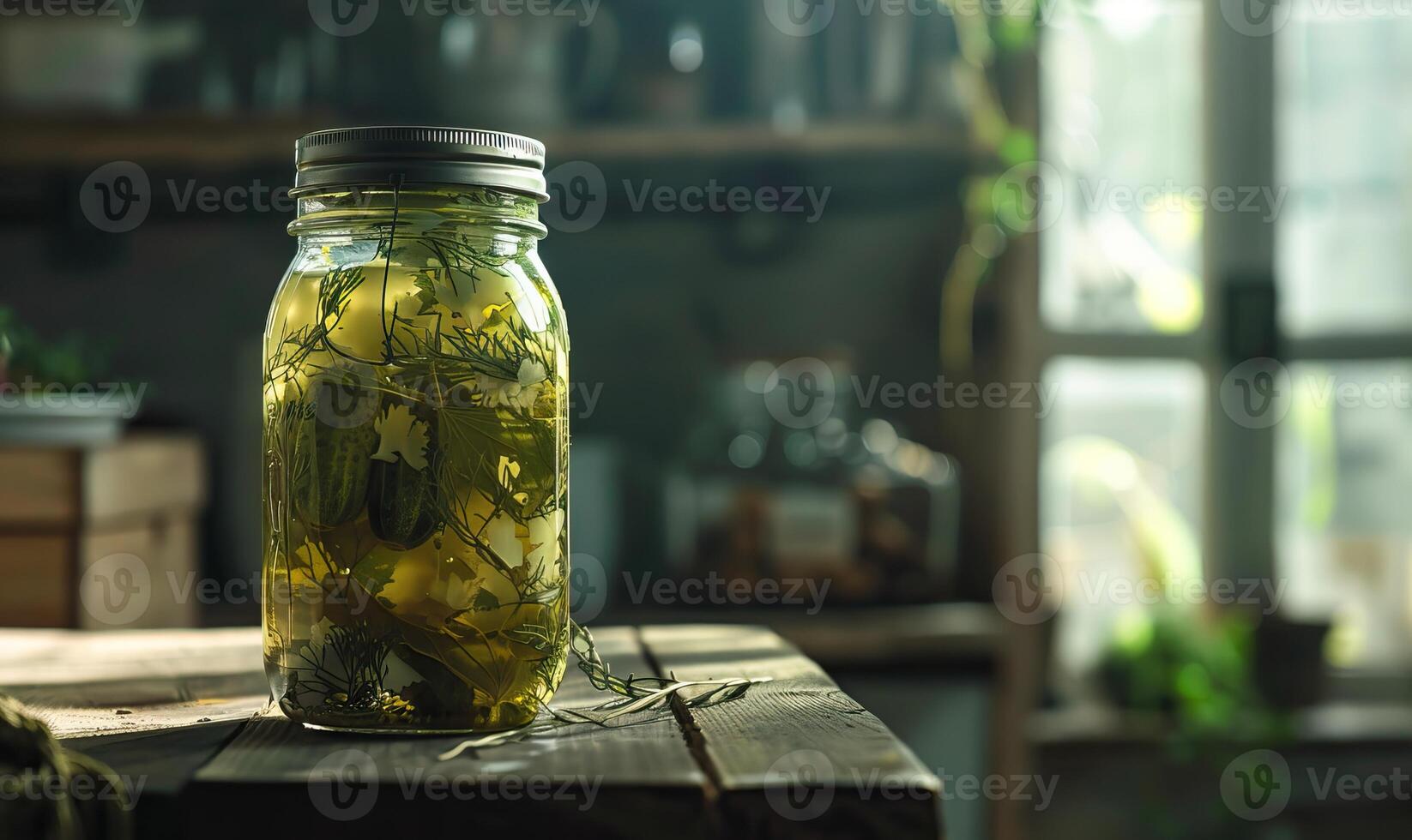 Close-up of a jar with preserved herbs on wooden table in rustic kitchen, sunlight streaming through the window in the background. photo