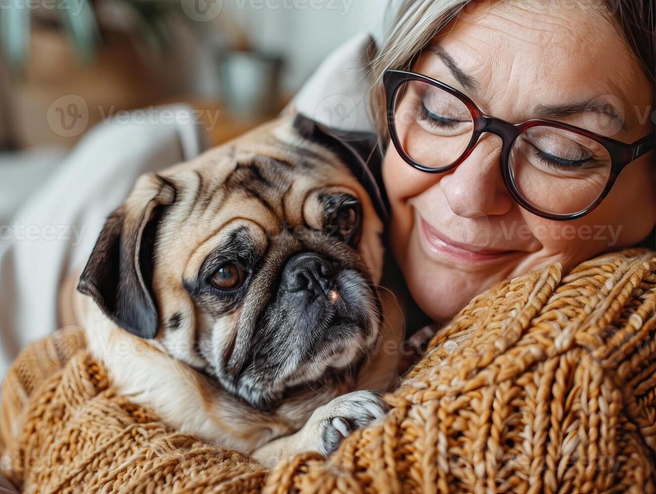 A woman lovingly hugs her pug dog, showcasing a bond between pet and owner. The warm and cozy setting emphasizes comfort and companionship. photo