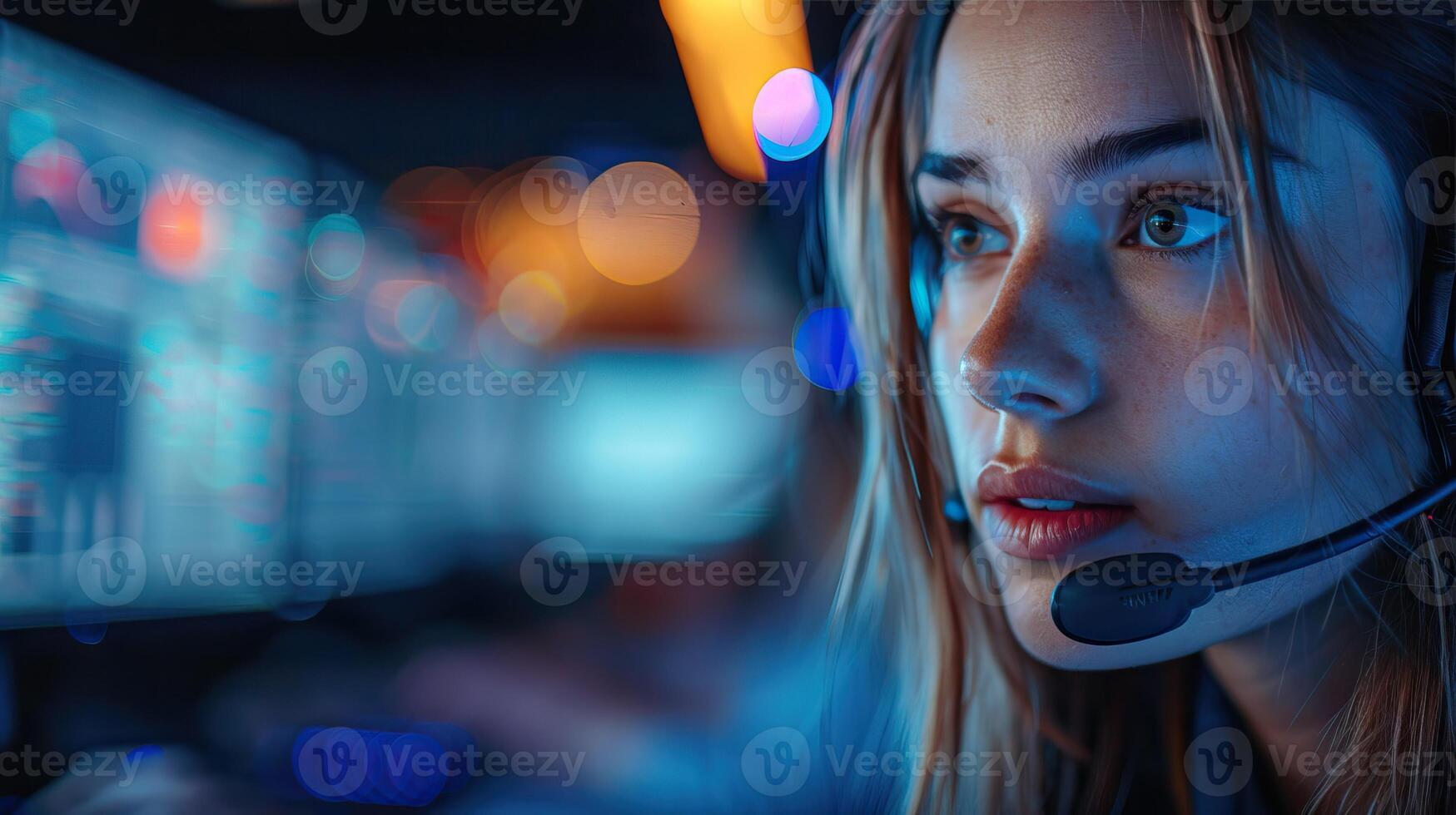 Focused woman with headset working at computer. Serious look indicates concentration in a tech-savvy environment, suitable for tech and customer service themes. photo