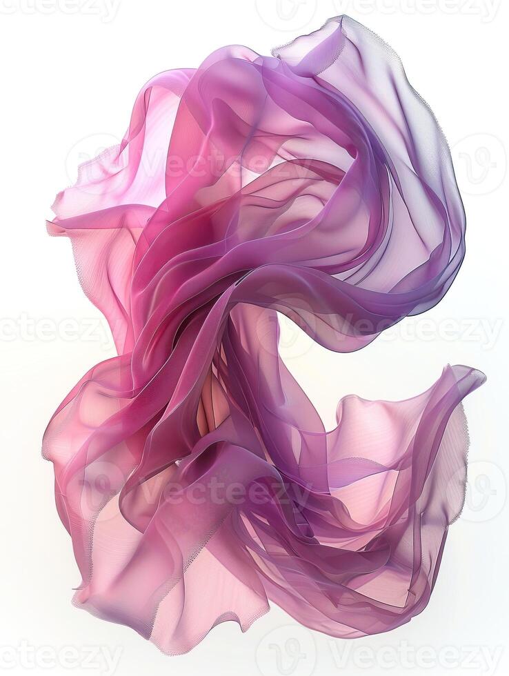 Abstract purple and pink flowing fabric in mid-air, creating a delicate and ethereal visual experience against a white background. photo