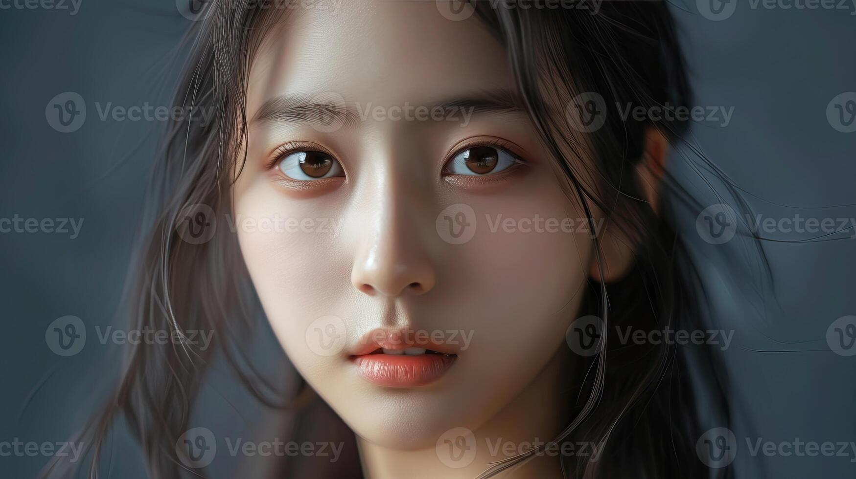 Portrait of a young woman model with soft lighting, expressive eyes, and long hair, looking directly at the camera with a serene expression. photo