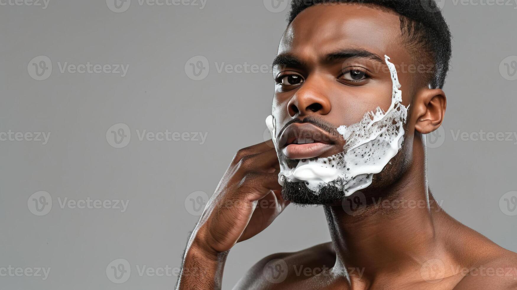 A man with a confident look applying shaving cream to his face The gray background highlights his wellgroomed appearance and skincare routine photo