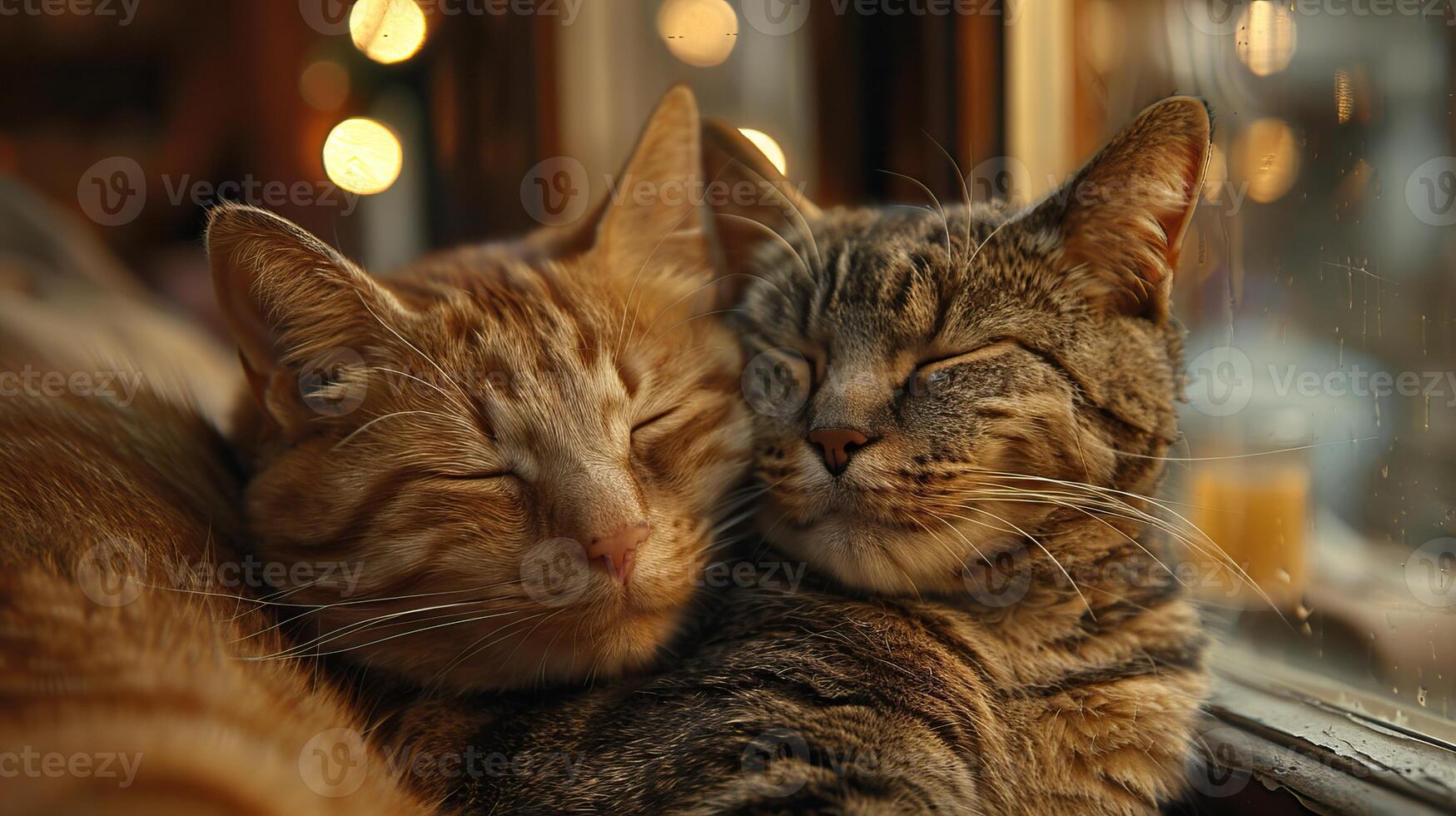 Two adorable cats snuggling together by a window with a warm, cozy glow in the background, perfect for conveying warmth and affection. photo