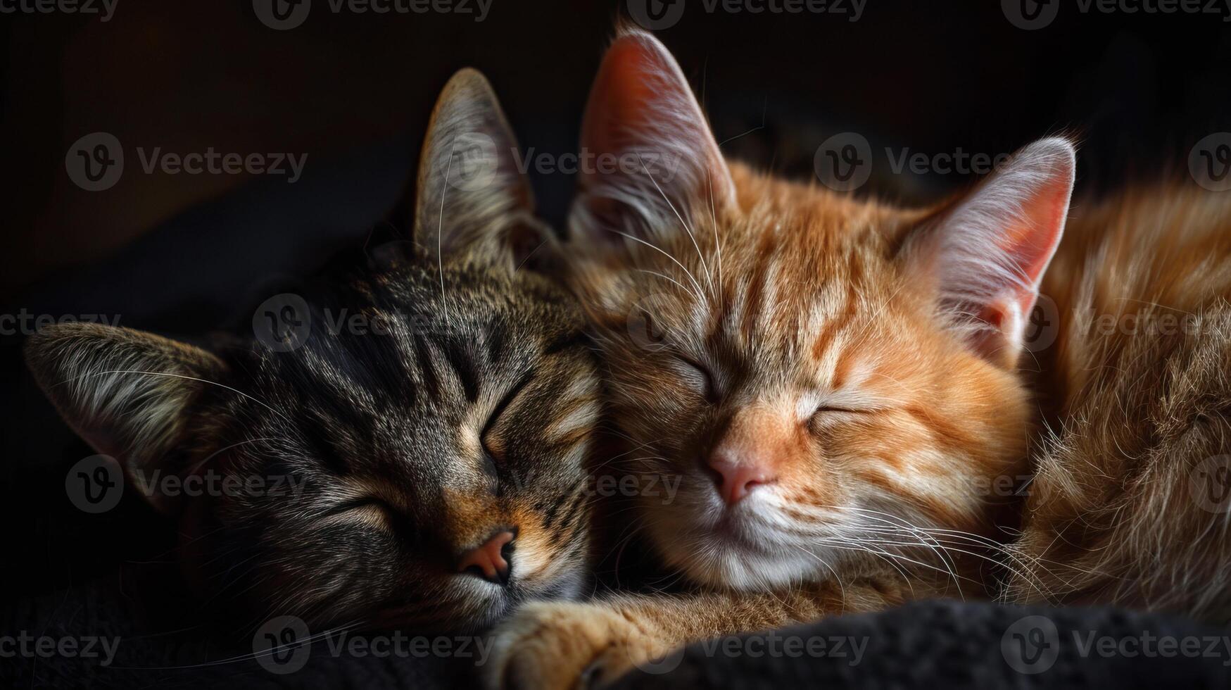 Two adorable cats cuddling together in warm and cozy lighting, creating a heartwarming and tranquil scene perfect for animal lovers. photo