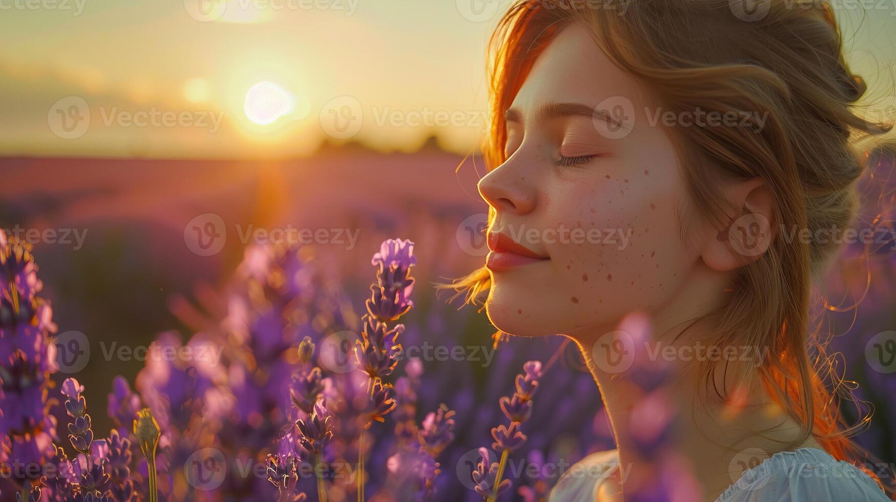 A woman enjoys a peaceful moment in a lavender field during sunset, capturing the essence of relaxation and nature's beauty. photo
