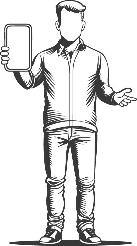Illustration of a man holding a smartphone and pointing vector