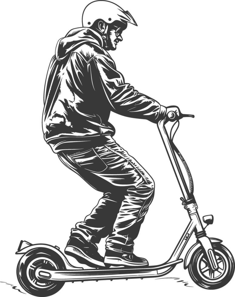 Black and white illustration of a man riding an electric scooter vector