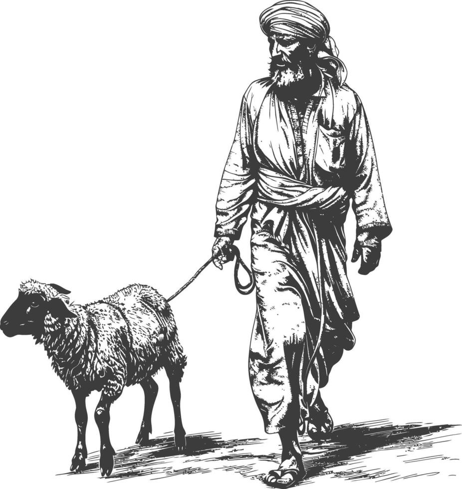 Sketch of a man in a turban leading a lamb vector